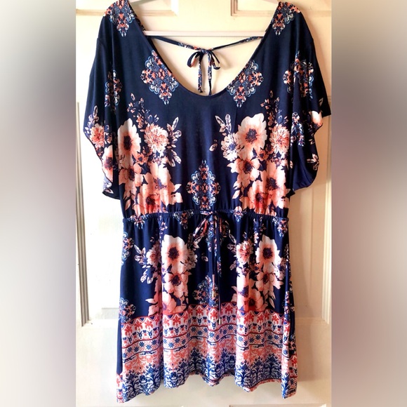 Lildy Navy Blue Peach Pink Floral Wing Sleeve Drawstring Waist Tie Neck Dress L - Picture 1 of 5